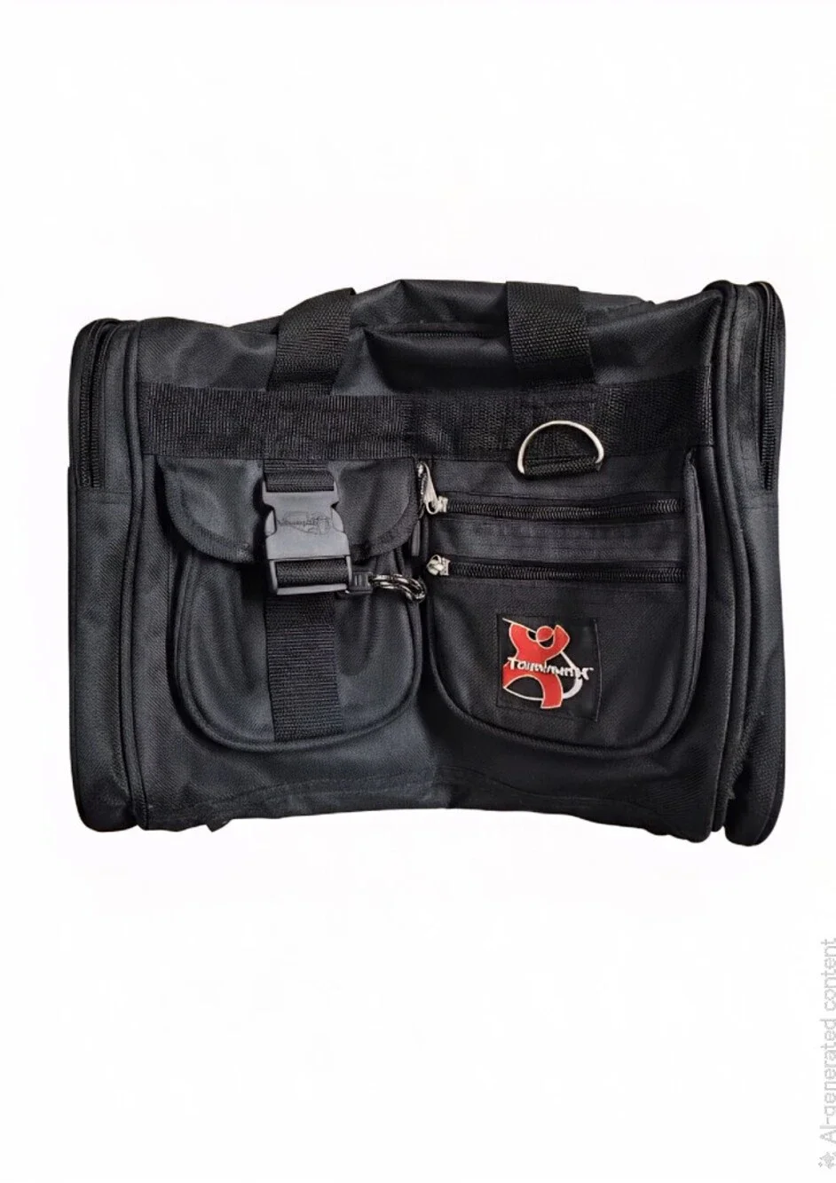 This black Tournamax duffel bag features a prominent logo and secured  pockets